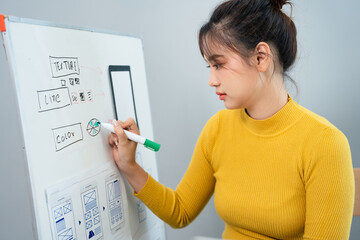 Fototapete - Website development UI UX front end designer sketching wireframe layout design mockup for responsive web content in bright modern office.