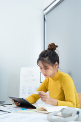 Fototapete - Female ux developer and ui designer , mobile app interface wireframe design. App developer working about screen display prototype layout for smartphone, ui, ux concept.