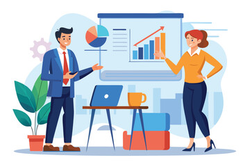 Poster - Business professionals conducting a presentation on sales growth using graphs and charts in an office setting with engaging visuals and teamwork