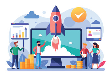 Poster - Business startup concept featuring a cartoon team launching a rocket from a computer screen amid charts and cityscape with financial elements
