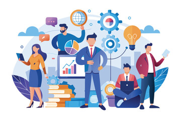 Poster - Business professionals engaging in teamwork and strategizing with technology and data visualization in a modern office environment