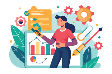 Poster - Business improvement concept illustrated with a woman analyzing data and charts in a modern, creative workspace during the daytime