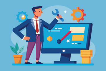Poster - Business improvement concept featuring a professional with tools and computer displaying modern technology in a contemporary flat design style