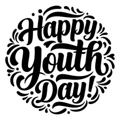 Poster - Happy Youth Day graphic design in a circular format. Stylish, bold, and modern text art with decorative flourishes.