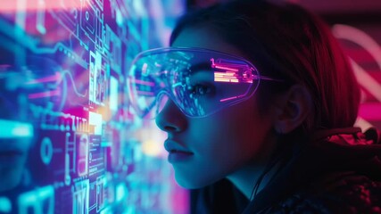 Poster - A woman wearing a pair of virtual reality goggles is looking at a computer screen. The screen is filled with a variety of colorful shapes and patterns. The woman is focused