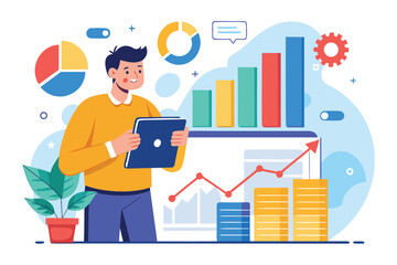 Poster - Man learning to analyze growth charts and understand data visualization techniques in a modern workspace environment