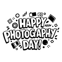 Poster - Happy Photography Day graphic design with assorted photography-related icons in a celebratory design. Engaging, stylized graphic with a playful, fun tone for a photography-themed event.