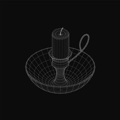 Poster - A 3D wireframe model of a candlestick-style cup and saucer on a black background, featuring intricate details like a handle and spout. The saucer displays a geometric pattern of circles and lines.