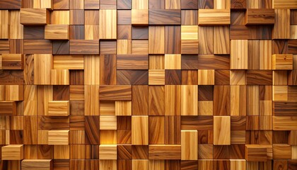 Poster - Intricate wooden block wall with varying shades of brown and light wood grain pattern