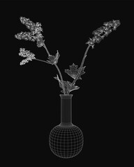 Poster - A transparent 3D wireframe vase holds vibrant flowers, showcasing intricate details through its clear surface. The arrangement sits elegantly on a simple table.