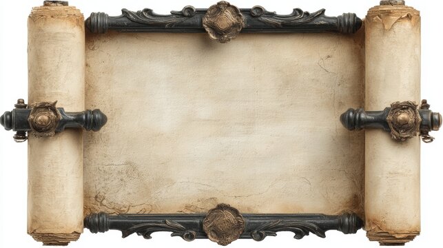 Vintage parchment scroll with ornate wooden handles, aged texture, and blank central space for text or design.