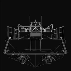 Poster - A military boat is illustrated in black and white wireframe style on a dark background. The detailed drawing highlights the hull, deck, and structural features with precision.