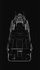 Poster - A detailed black and white wireframe drawing of a military boat on a dark background, showcasing the hull, deck, and structural elements with precision.