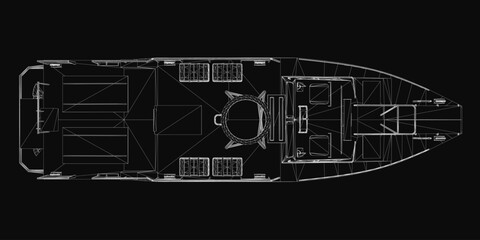 Poster - Military boat blueprint on black background displays detailed wireframe layout of the hull, deck, and structural components. The technical drawing highlights precise engineering specifications.