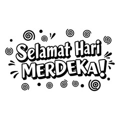 Poster - Selamat Hari Merdeka celebratory graphic design. Bold text graphic with decorative elements on plain white background.