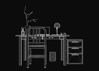 Aufkleber - A wireframe drawing of a workplace desk features a chair, lamp, and flower vase with pens in a stand. The black and white illustration has a clean, minimalist style against a dark background.