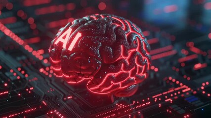 Poster - A brain with the letters AI on it. The brain is surrounded by a red background. Concept of technology and intelligence