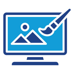 Poster - Graphic Editor Glyph Dual Tone Blue Silhouette Icon Vector Design - computer screen with an image and brush, symbolizing digital illustration or image editing