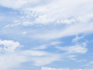 Wall Mural - Bright blue sky with soft fluffy clouds on a summer day. Blue sky with clouds. Soft white clouds float in the clear blue sky. Clear blue sky, bright spring, soft sky gradient.