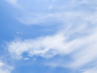 Wall Mural - Bright blue sky with soft fluffy clouds on a summer day. Blue sky with clouds. Soft white clouds float in the clear blue sky. Clear blue sky, bright spring, soft sky gradient.