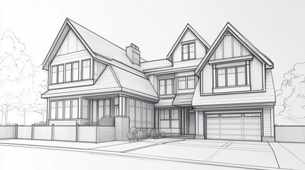 Aufkleber - Detailed architectural sketch of a multi-story house with a gable roof and front yard