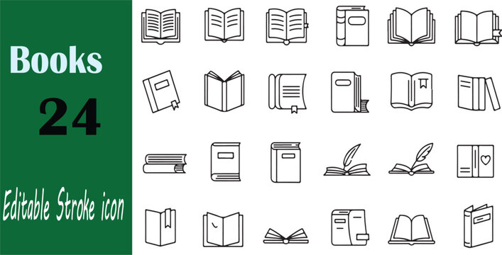 Collection of twenty-four black and white outline vector illustrations of books and literature