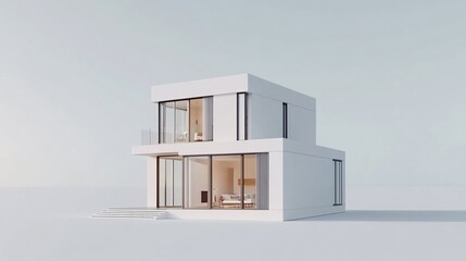 Poster - Modern minimalist two story house with large windows and a bright white color scheme