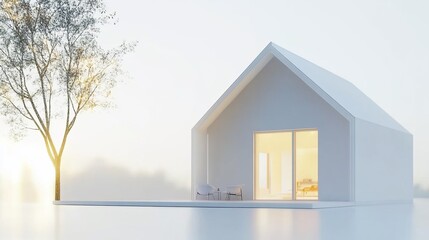 Poster - A minimalist white house stands beside a bare tree during golden hour light in a serene setting