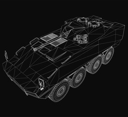 Poster - Armored personnel carrier wireframe model with detailed structure, showcasing realistic military vehicle design. The 3D rendering highlights the troop transport features on a sleek black background.