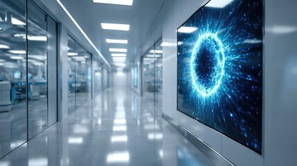 Poster - Overactive bladder in pelvic floor concept. Modern hallway featuring a digital display with vibrant graphics.