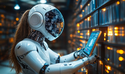 Poster - Futuristic humanoid robot with digital face reading interactive tablet in modern library surrounded by glowing bookshelves