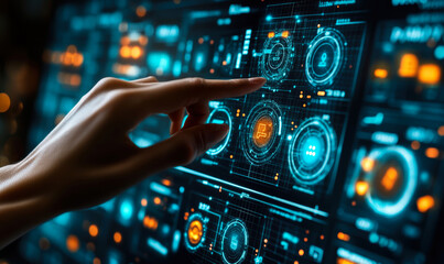 Poster - Human hand interacting with futuristic digital touchscreen interface displaying glowing blue and orange data analytics and cyber network icons for technology and innovation concept