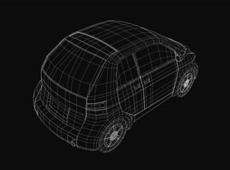 Poster - Car 3D wireframe model showcases the compact car's detailed structure on a black background. The transparent design highlights precise contours and technical features.