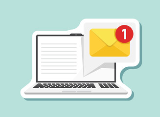 Poster - Laptop with envelope sticker icon in flat style. Computer vector illustration on isolated background. Email notification sign business concept.