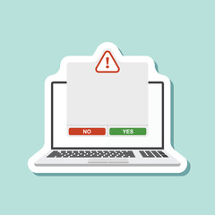 Poster - Laptop notification sticker icon in flat style. Computer vector illustration on isolated background. Reminder message sign business concept.