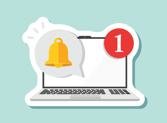 Poster - Laptop notification sticker icon in flat style. Computer vector illustration on isolated background. Reminder message sign business concept.