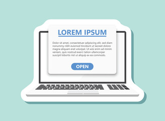Poster - Laptop notification sticker icon in flat style. Computer vector illustration on isolated background. Reminder message sign business concept.