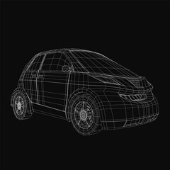 Poster - A 3D wireframe model of a electric car on a black background, showcasing sleek design and modern technology. The small car features realistic rendering with clean lines and detailed.