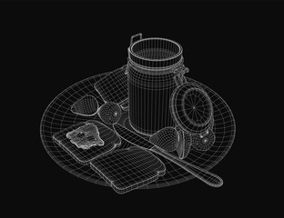 Poster - A 3D wireframe model of a plate holds a jar of jam and a spoon, rendered with clean lines against a dark background. The minimalist food illustration highlights geometric details and digital.