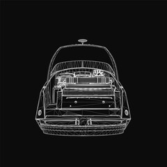 Poster - A sleek black and white 3D wireframe model of a luxury yacht features intricate details like the hull, sails, and rigging against a dark background. The minimalist design highlights the boat's.