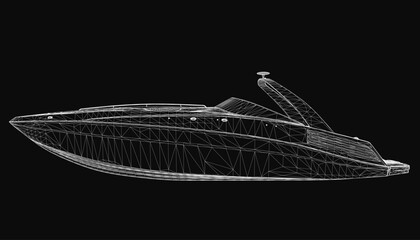 Poster - A sleek speedboat rendered in detailed wireframe style, showcasing its aerodynamic design and structure. The 3D model floats on a black background, emphasizing its futuristic and technical appeal.