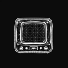 Fototapete - A vintage black and white television with a classic rectangular design and slightly curved screen stands on a dark background. The wireframe illustration features rounded edges and a few front.