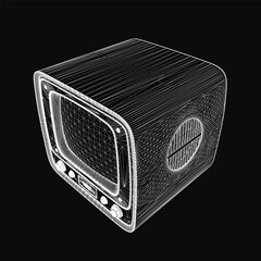 Poster - A black and white 3D wireframe model of a vintage television stands isolated on a dark background. The retro design features angular edges and visible structural lines.