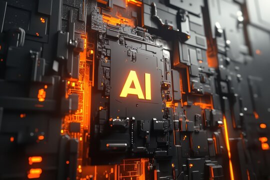 Abstract illustration of a circuit board with the word AI.