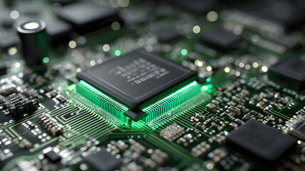 Poster - Stock photo of green glowing computer chip motherboard cpu processor technology electronics hardware system 100