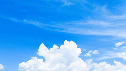 Wall Mural - Bright white cumulus clouds floating in a clear blue summer sky. Blue sky with clouds. Soft white clouds float in the clear blue sky. Clear blue sky, bright spring, wallpaper landscape.