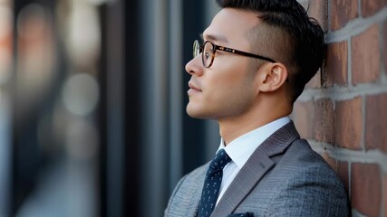 Poster - A man in a suit and tie stands in front of a brick wall. He is wearing glasses and has a serious expression on his face