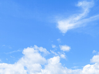 Wall Mural - Soft white clouds with a beautiful blue sky in the morning light. Soft white clouds float in the clear blue sky. Clear blue sky, bright spring, soft sky gradient.