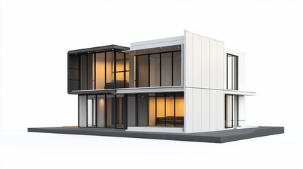Poster - Modern two story house with large windows and minimalist design against white background