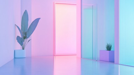 Poster - Abstract interior space with pink and blue lighting and two potted plants
